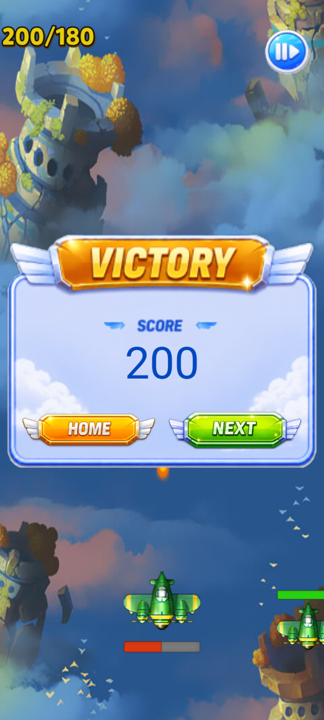 Victory screen with score result